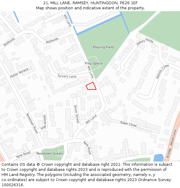 21, MILL LANE, RAMSEY, HUNTINGDON, PE26 1EF: Location map and indicative extent of plot