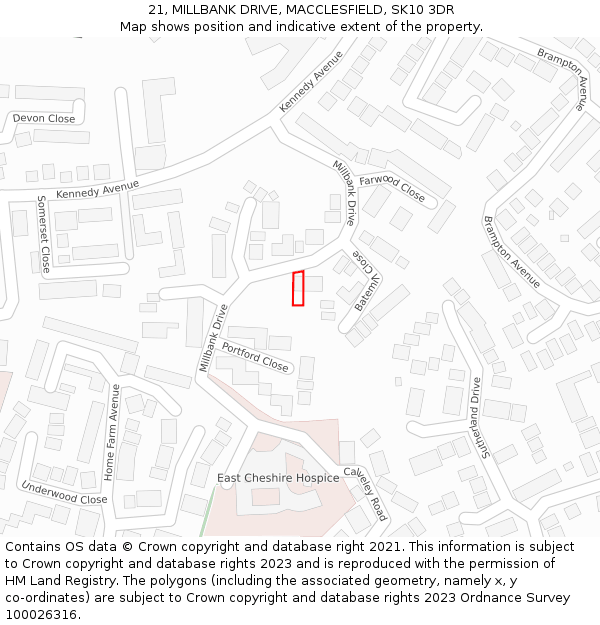 21, MILLBANK DRIVE, MACCLESFIELD, SK10 3DR: Location map and indicative extent of plot