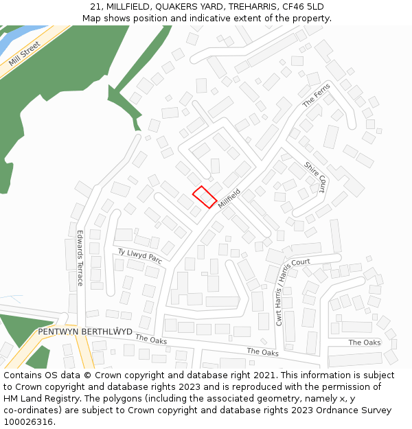 21, MILLFIELD, QUAKERS YARD, TREHARRIS, CF46 5LD: Location map and indicative extent of plot