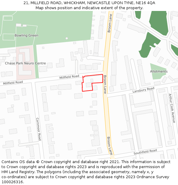 21, MILLFIELD ROAD, WHICKHAM, NEWCASTLE UPON TYNE, NE16 4QA: Location map and indicative extent of plot
