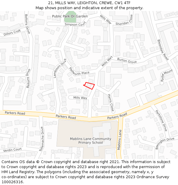 21, MILLS WAY, LEIGHTON, CREWE, CW1 4TF: Location map and indicative extent of plot