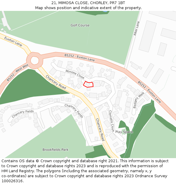 21, MIMOSA CLOSE, CHORLEY, PR7 1BT: Location map and indicative extent of plot