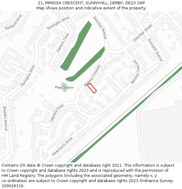 21, MIMOSA CRESCENT, SUNNYHILL, DERBY, DE23 1WP: Location map and indicative extent of plot