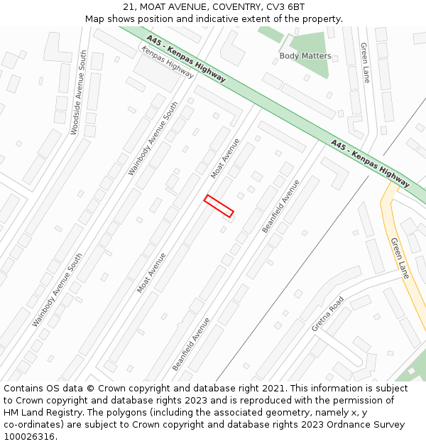 21, MOAT AVENUE, COVENTRY, CV3 6BT: Location map and indicative extent of plot