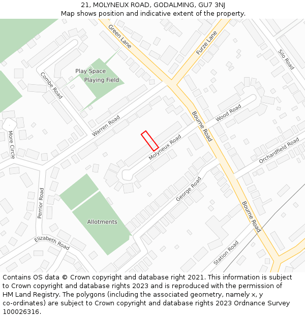 21, MOLYNEUX ROAD, GODALMING, GU7 3NJ: Location map and indicative extent of plot