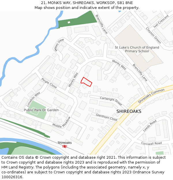 21, MONKS WAY, SHIREOAKS, WORKSOP, S81 8NE: Location map and indicative extent of plot