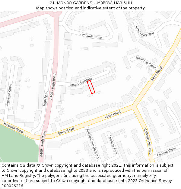 21, MONRO GARDENS, HARROW, HA3 6HH: Location map and indicative extent of plot