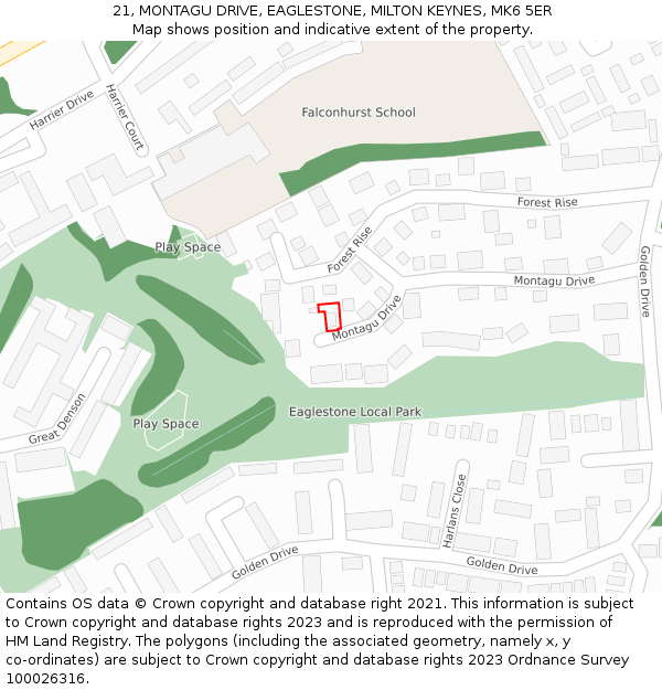 21, MONTAGU DRIVE, EAGLESTONE, MILTON KEYNES, MK6 5ER: Location map and indicative extent of plot