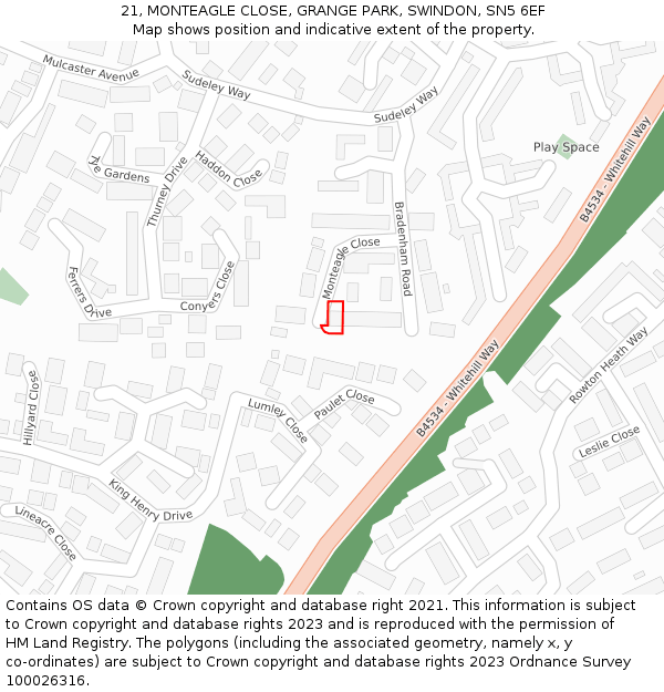 21, MONTEAGLE CLOSE, GRANGE PARK, SWINDON, SN5 6EF: Location map and indicative extent of plot