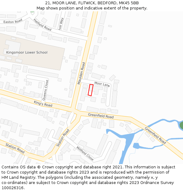 21, MOOR LANE, FLITWICK, BEDFORD, MK45 5BB: Location map and indicative extent of plot