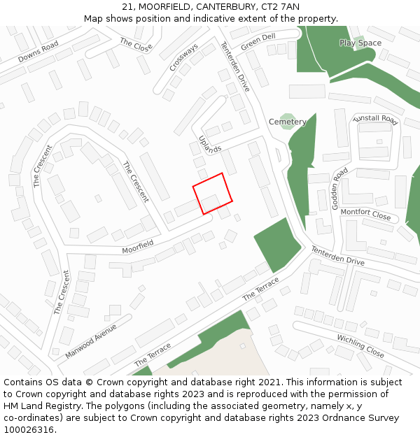 21, MOORFIELD, CANTERBURY, CT2 7AN: Location map and indicative extent of plot