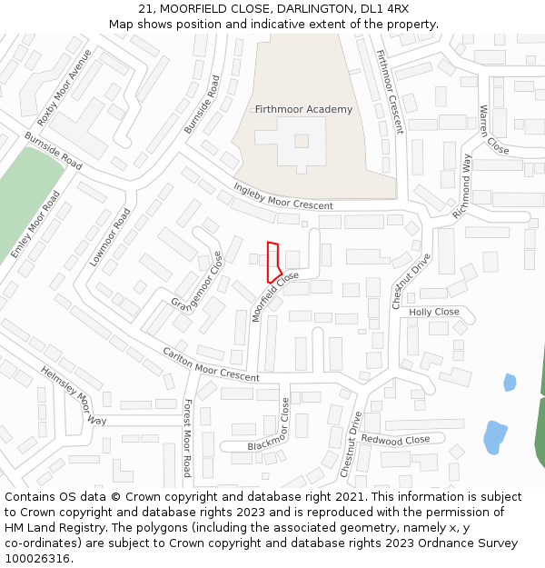 21, MOORFIELD CLOSE, DARLINGTON, DL1 4RX: Location map and indicative extent of plot