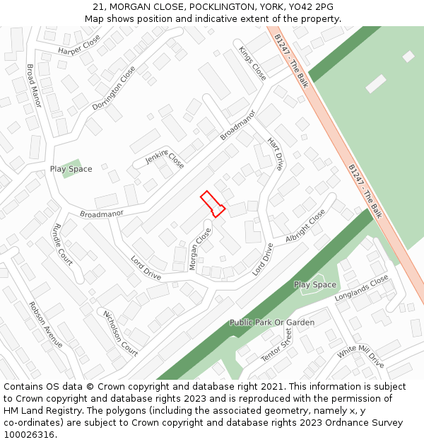 21, MORGAN CLOSE, POCKLINGTON, YORK, YO42 2PG: Location map and indicative extent of plot