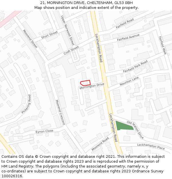 21, MORNINGTON DRIVE, CHELTENHAM, GL53 0BH: Location map and indicative extent of plot