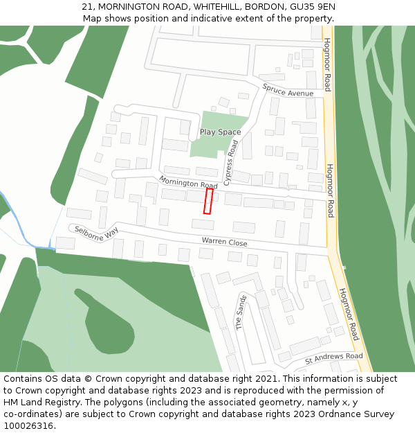 21, MORNINGTON ROAD, WHITEHILL, BORDON, GU35 9EN: Location map and indicative extent of plot