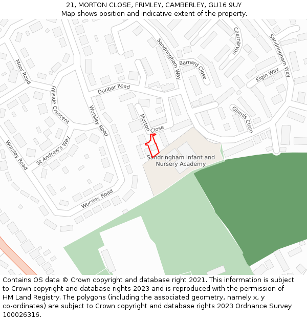 21, MORTON CLOSE, FRIMLEY, CAMBERLEY, GU16 9UY: Location map and indicative extent of plot