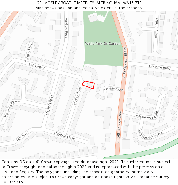 21, MOSLEY ROAD, TIMPERLEY, ALTRINCHAM, WA15 7TF: Location map and indicative extent of plot