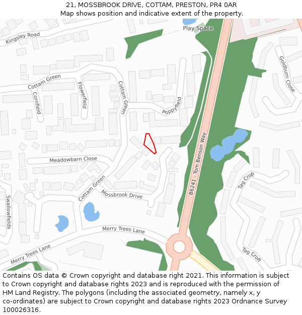 21, MOSSBROOK DRIVE, COTTAM, PRESTON, PR4 0AR: Location map and indicative extent of plot