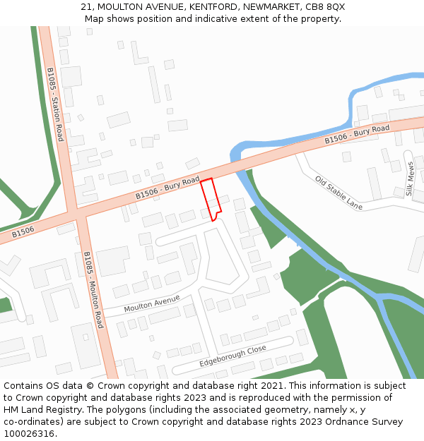 21, MOULTON AVENUE, KENTFORD, NEWMARKET, CB8 8QX: Location map and indicative extent of plot