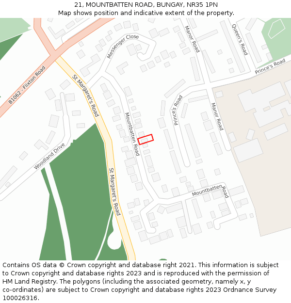 21, MOUNTBATTEN ROAD, BUNGAY, NR35 1PN: Location map and indicative extent of plot