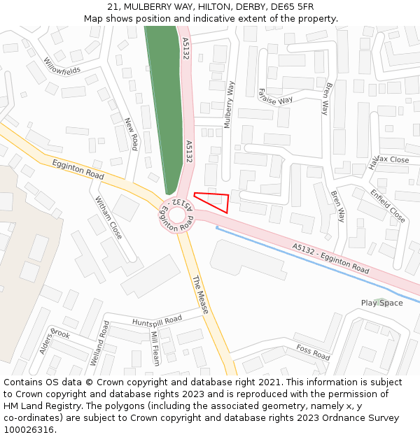 21, MULBERRY WAY, HILTON, DERBY, DE65 5FR: Location map and indicative extent of plot
