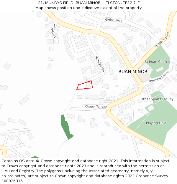 21, MUNDYS FIELD, RUAN MINOR, HELSTON, TR12 7LF: Location map and indicative extent of plot