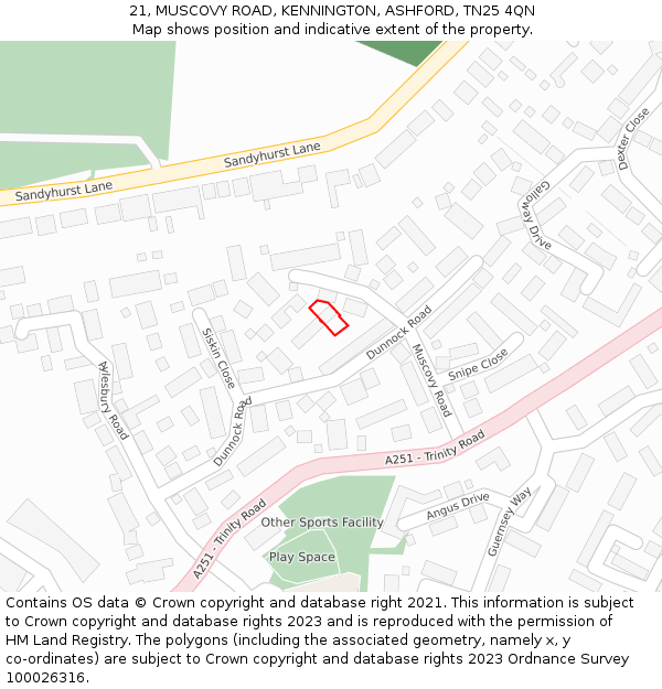 21, MUSCOVY ROAD, KENNINGTON, ASHFORD, TN25 4QN: Location map and indicative extent of plot