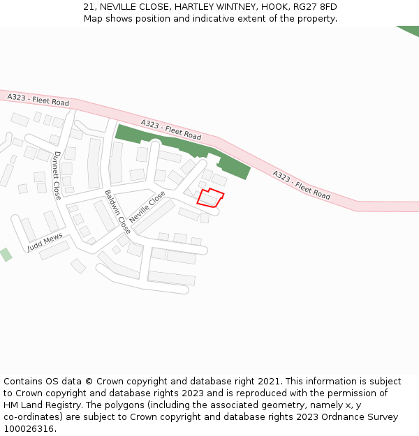 21, NEVILLE CLOSE, HARTLEY WINTNEY, HOOK, RG27 8FD: Location map and indicative extent of plot