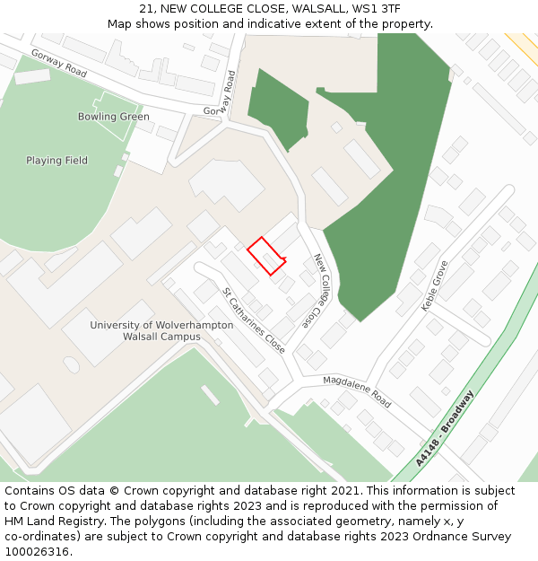 21, NEW COLLEGE CLOSE, WALSALL, WS1 3TF: Location map and indicative extent of plot