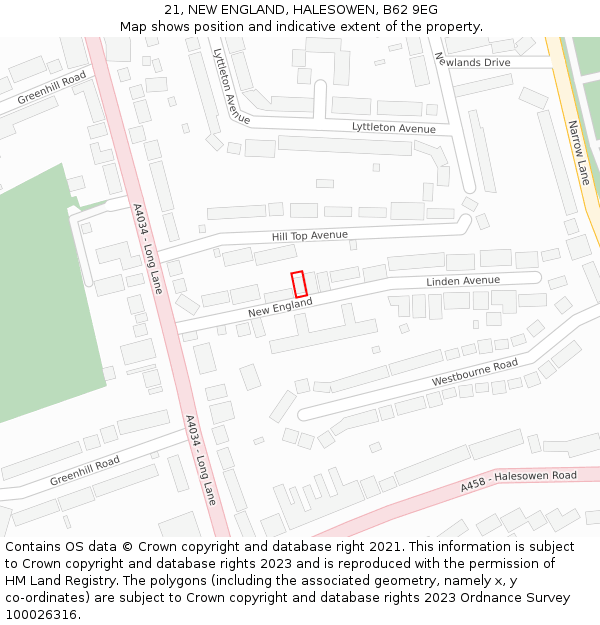 21, NEW ENGLAND, HALESOWEN, B62 9EG: Location map and indicative extent of plot