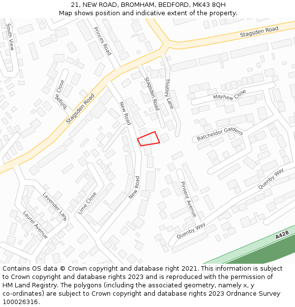 21, NEW ROAD, BROMHAM, BEDFORD, MK43 8QH: Location map and indicative extent of plot