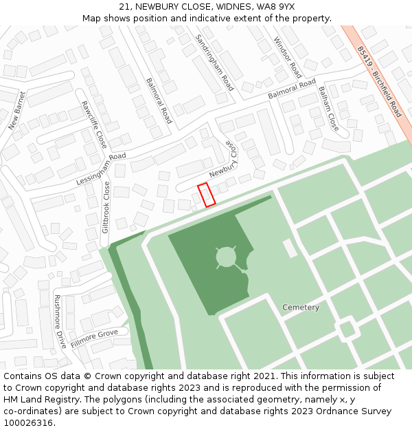 21, NEWBURY CLOSE, WIDNES, WA8 9YX: Location map and indicative extent of plot