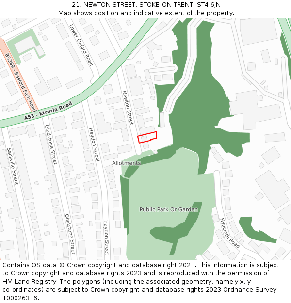 21, NEWTON STREET, STOKE-ON-TRENT, ST4 6JN: Location map and indicative extent of plot