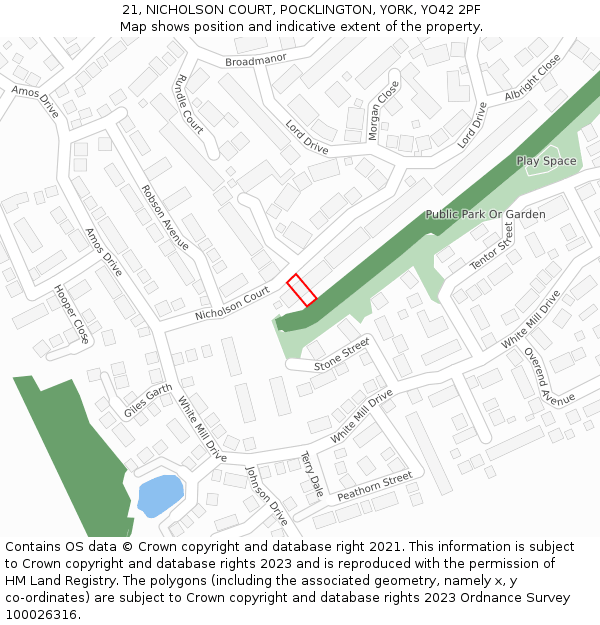 21, NICHOLSON COURT, POCKLINGTON, YORK, YO42 2PF: Location map and indicative extent of plot