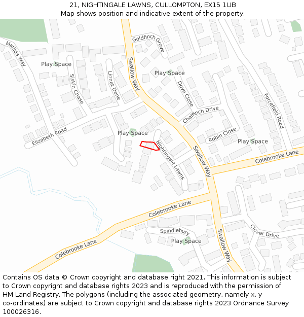 21, NIGHTINGALE LAWNS, CULLOMPTON, EX15 1UB: Location map and indicative extent of plot