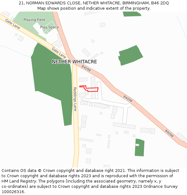 21, NORMAN EDWARDS CLOSE, NETHER WHITACRE, BIRMINGHAM, B46 2DQ: Location map and indicative extent of plot