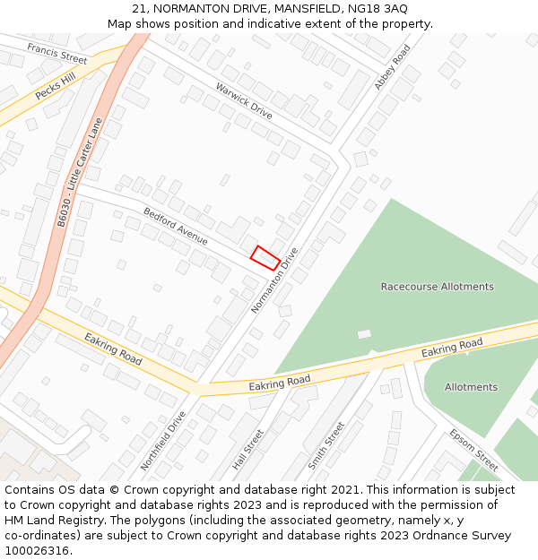 21, NORMANTON DRIVE, MANSFIELD, NG18 3AQ: Location map and indicative extent of plot