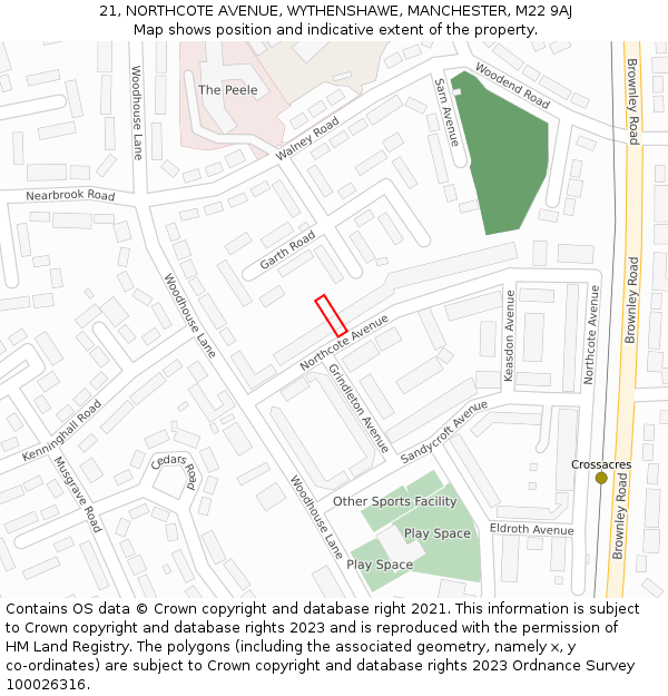 21, NORTHCOTE AVENUE, WYTHENSHAWE, MANCHESTER, M22 9AJ: Location map and indicative extent of plot