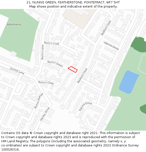 21, NUNNS GREEN, FEATHERSTONE, PONTEFRACT, WF7 5HT: Location map and indicative extent of plot