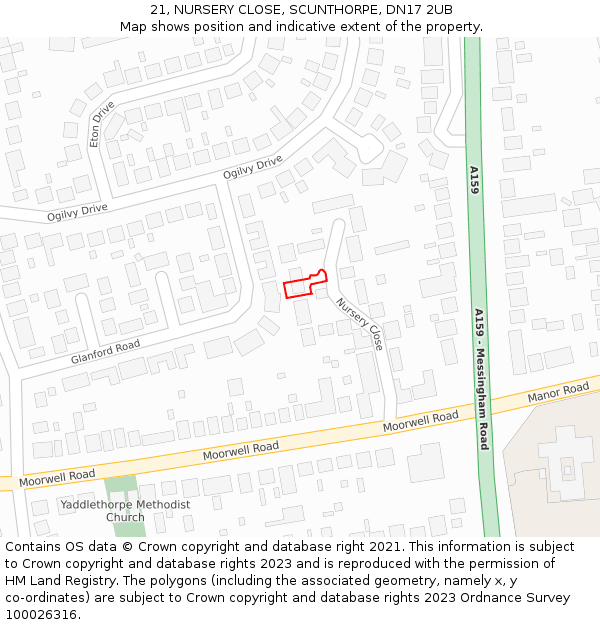21, NURSERY CLOSE, SCUNTHORPE, DN17 2UB: Location map and indicative extent of plot
