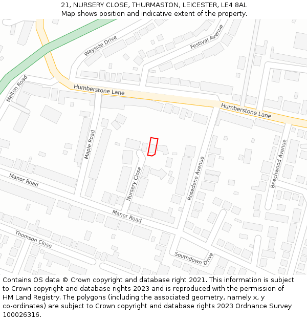 21, NURSERY CLOSE, THURMASTON, LEICESTER, LE4 8AL: Location map and indicative extent of plot