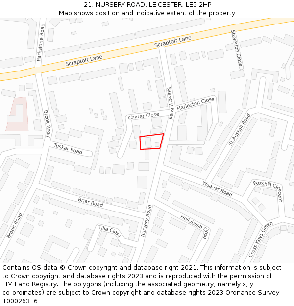 21, NURSERY ROAD, LEICESTER, LE5 2HP: Location map and indicative extent of plot