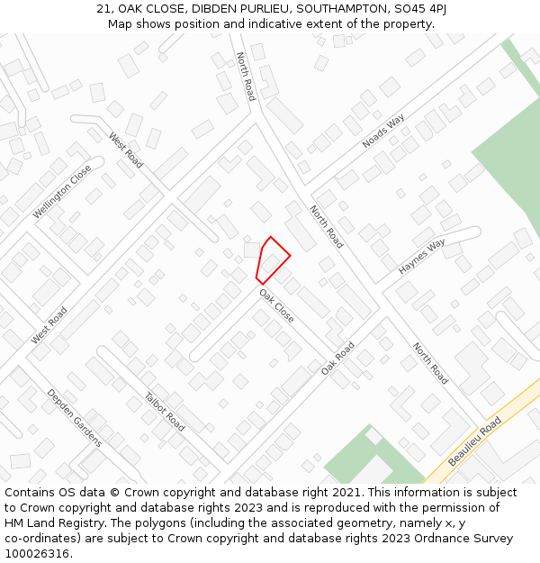 21, OAK CLOSE, DIBDEN PURLIEU, SOUTHAMPTON, SO45 4PJ: Location map and indicative extent of plot