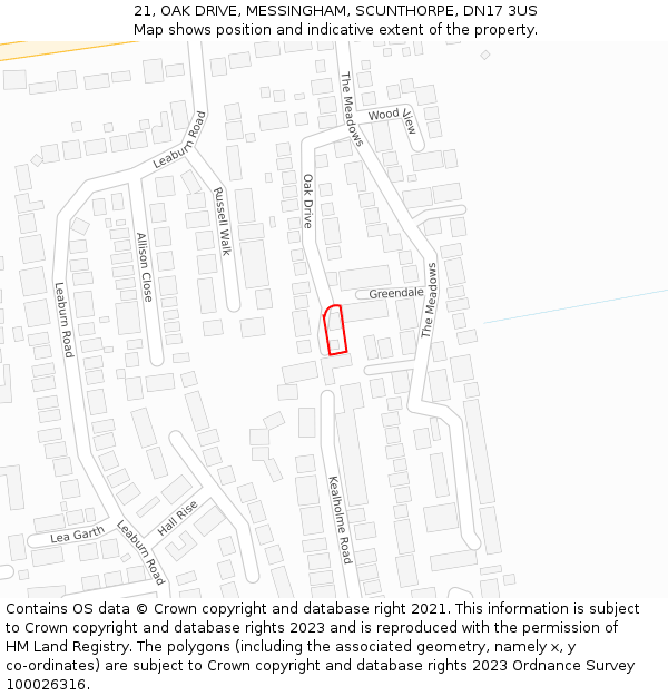 21, OAK DRIVE, MESSINGHAM, SCUNTHORPE, DN17 3US: Location map and indicative extent of plot