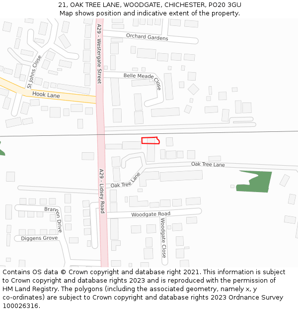 21, OAK TREE LANE, WOODGATE, CHICHESTER, PO20 3GU: Location map and indicative extent of plot