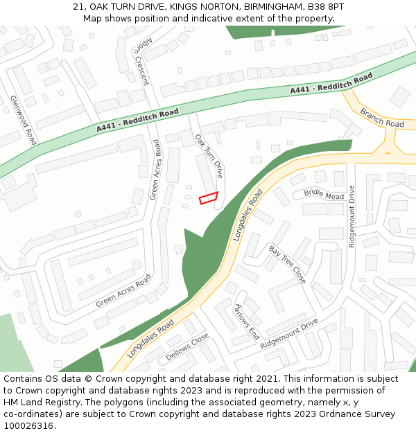 21, OAK TURN DRIVE, KINGS NORTON, BIRMINGHAM, B38 8PT: Location map and indicative extent of plot