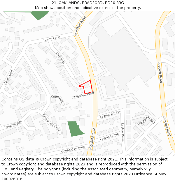 21, OAKLANDS, BRADFORD, BD10 8RG: Location map and indicative extent of plot