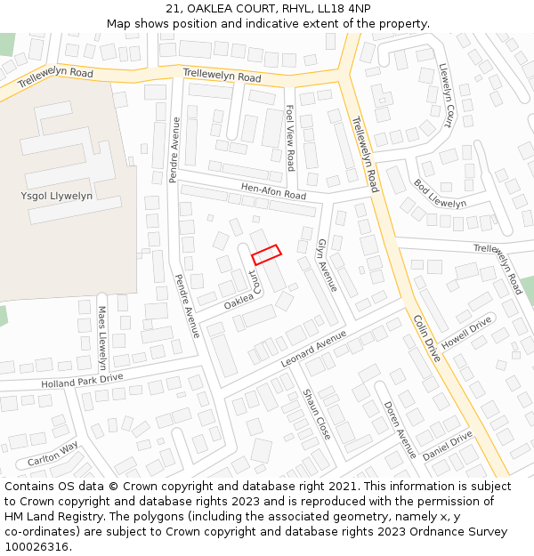 21, OAKLEA COURT, RHYL, LL18 4NP: Location map and indicative extent of plot