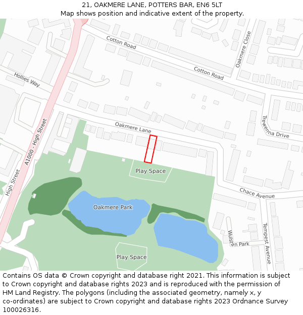 21, OAKMERE LANE, POTTERS BAR, EN6 5LT: Location map and indicative extent of plot