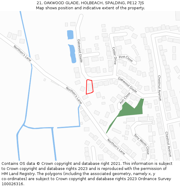21, OAKWOOD GLADE, HOLBEACH, SPALDING, PE12 7JS: Location map and indicative extent of plot